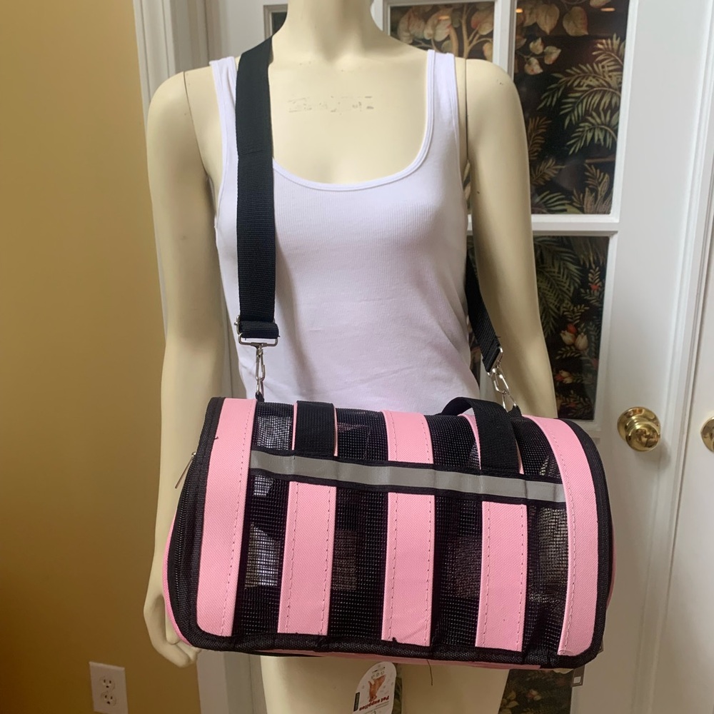 Small Pet carrier bag Pink with Black mesh handle plus detachable shoulder strap